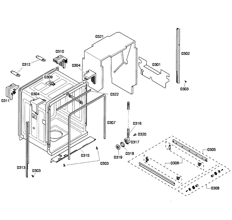Cabinet Diagram and Parts List for DWHD410HPR 60 Thermador Dishwasher