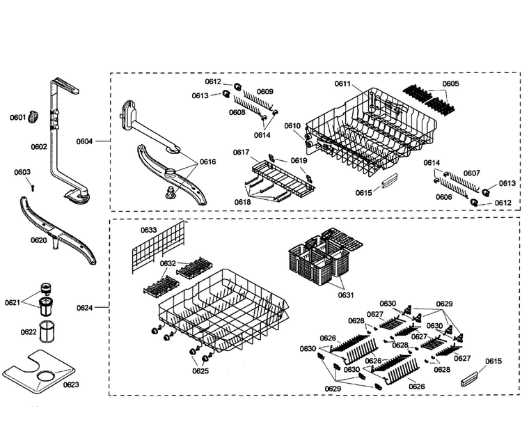 Baskets Assy Diagram and Parts List for SHE58C02UC 40 Bosch Dishwasher