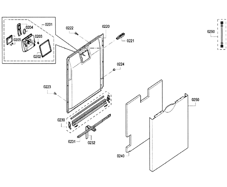 Door Diagram and Parts List for SGE53U55UC B3 Bosch Dishwasher