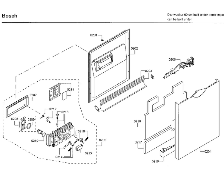 Door Diagram and Parts List for SHE66C02UC 48 Bosch Dishwasher