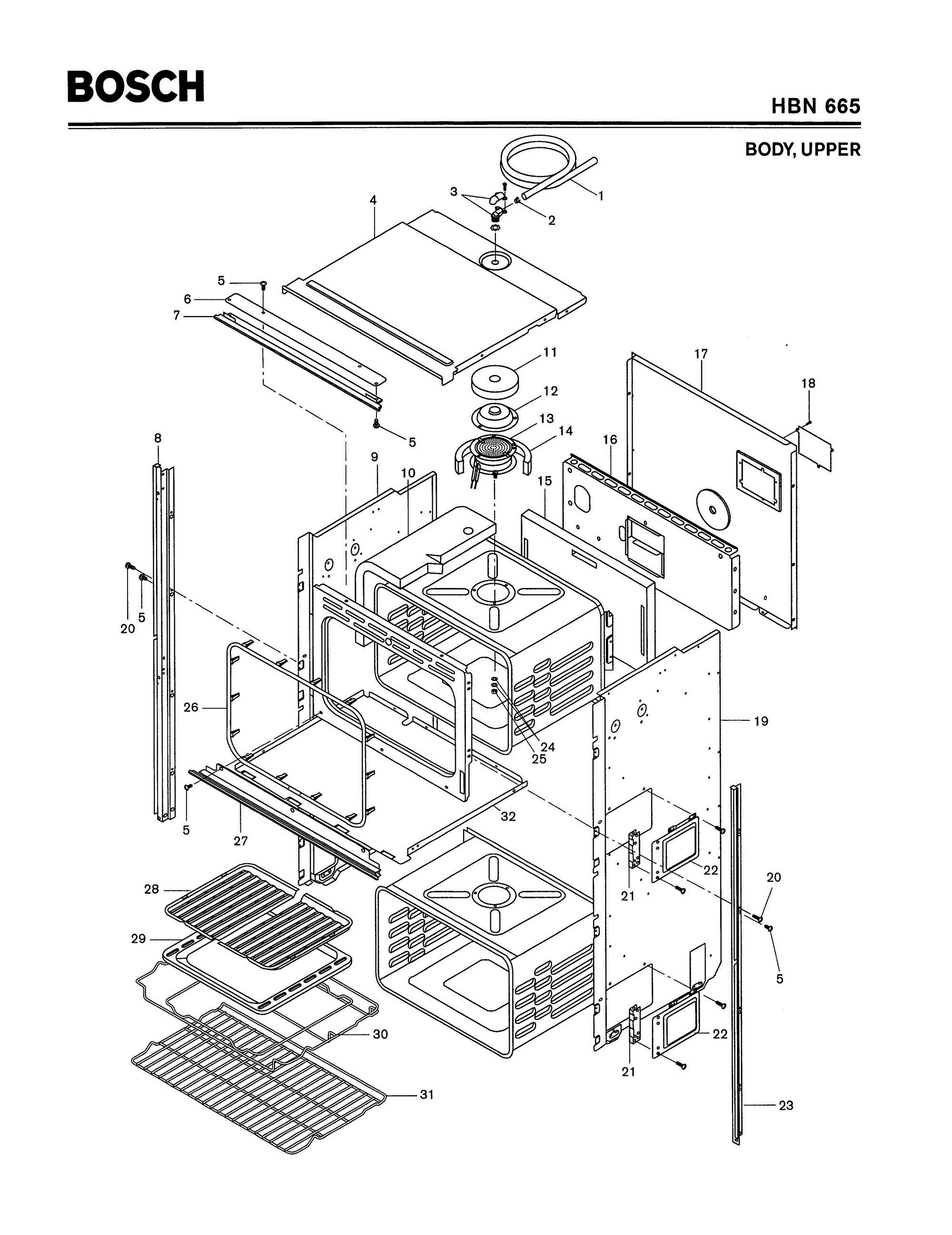 01 - BODY, UPPER Diagram and Parts List for HBN665  Bosch Range