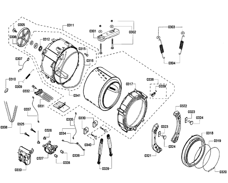 Drum Diagram and Parts List for WFMC220RUC 16 Bosch Washer