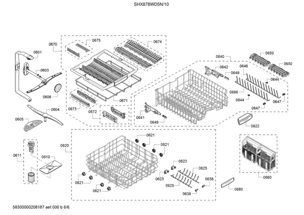 Upper And Lower Spray Arm/Racks Diagram and Parts List for SHX878WD5N 10 Bosch Dishwasher
