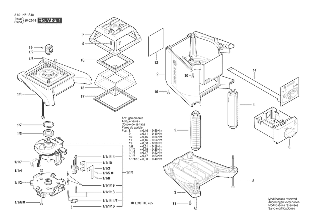 Section 1 Diagram and Parts List for GRL2000-40HVK 3601K61S10 Bosch Laser Level