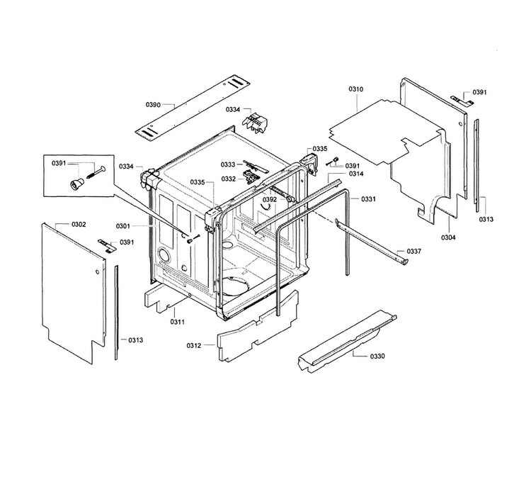 Frame & Cavity Diagram and Parts List for SGE63E06UC 74 Bosch Dishwasher