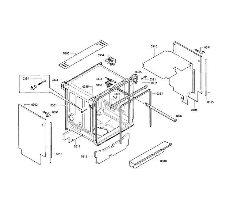 Frame & Cavity Diagram and Parts List for SGE63E06UC 73 Bosch Dishwasher