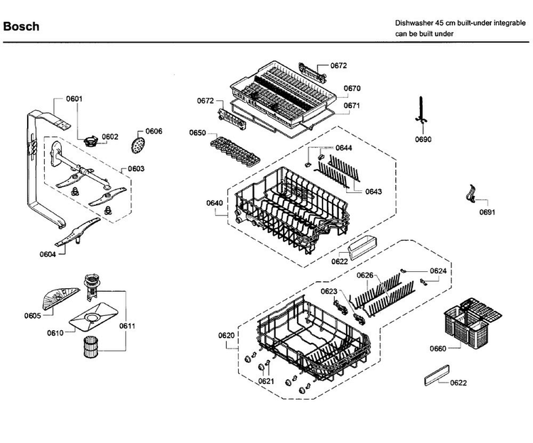 Rack Diagram and Parts List for SPX68U55UC 32 Bosch Dishwasher