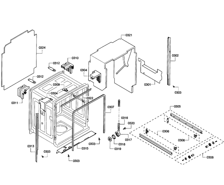 Cabinet Diagram and Parts List for SHE55M16UC 64 Bosch Dishwasher