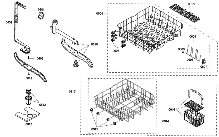Baskets Diagram and Parts List for SHE33M05UC 46 Bosch Dishwasher