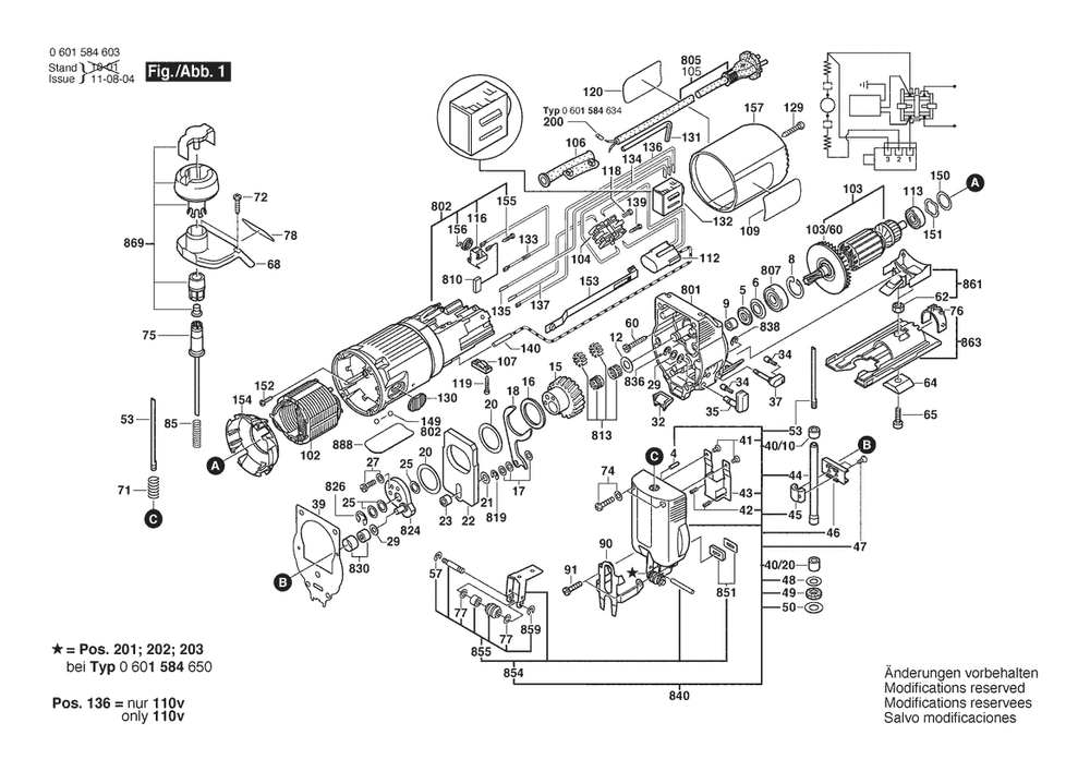Section 1 Diagram and Parts List for 0601584663  Bosch Jig Saw