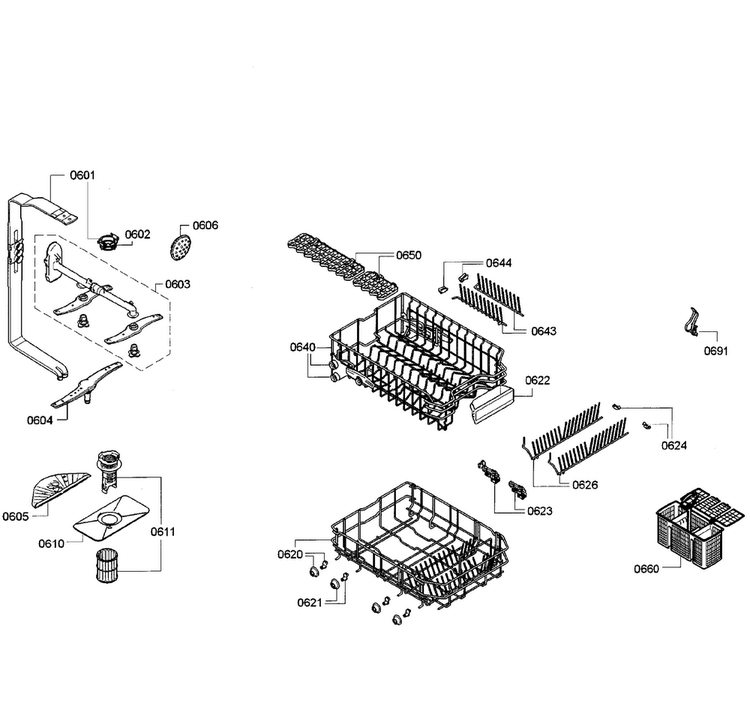 Basket Assy Diagram and Parts List for SPX5ES55UC 07 Bosch Dishwasher