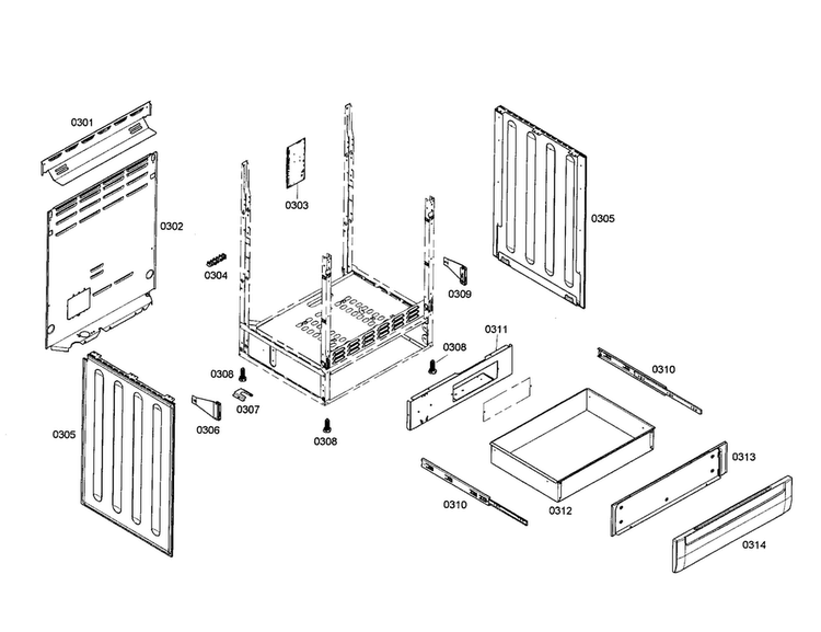 Side Panels/drawer Diagram and Parts List for HES5062U 01 Bosch Range