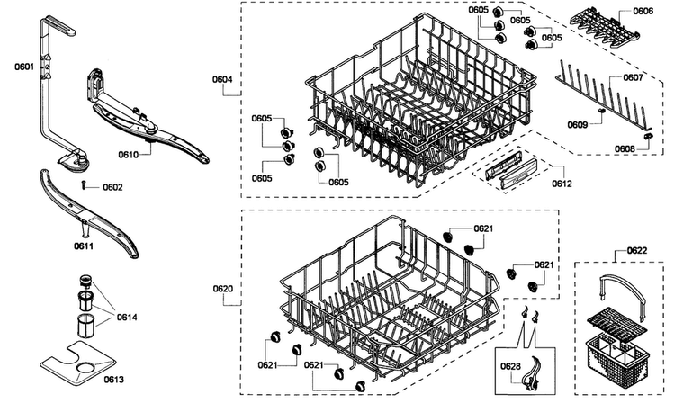 Baskets Diagram and Parts List for SHE43P02UC 60 Bosch Dishwasher