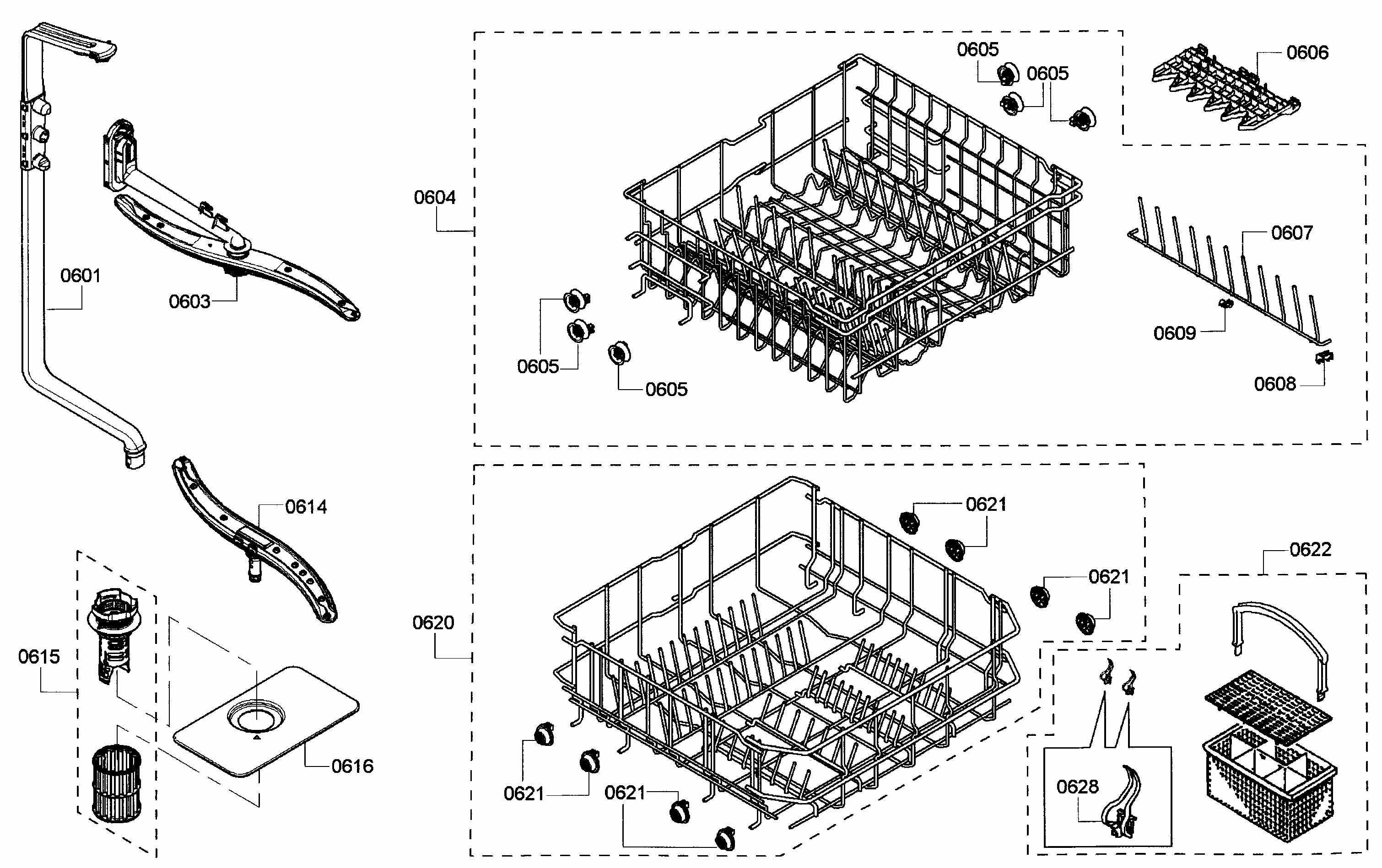 Baskets Diagram and Parts List for S46KMK15UC 05 Bosch Dishwasher