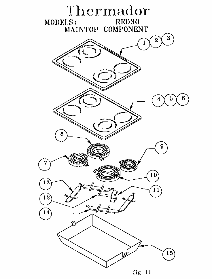 Maintop Component Diagram and Parts List for RED30VQRS 9708 & UP Thermador Range