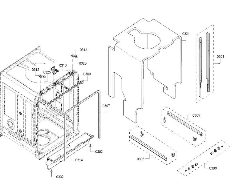 Cavity Diagram and Parts List for SHE53TF6UC 01 Bosch Dishwasher
