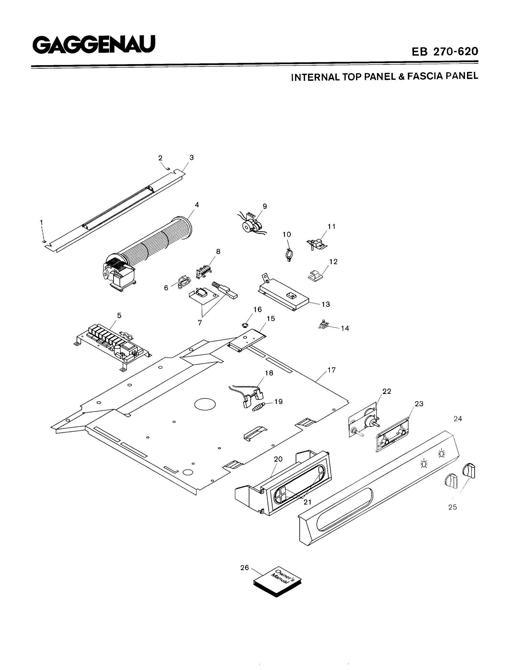 01 - INTERNAL TOP PANEL & FASCIA PANEL Diagram and Parts List for EB270-620  Bosch Range