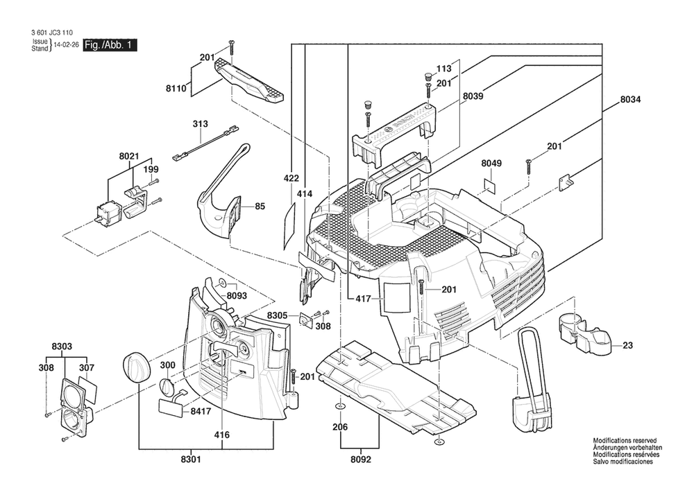 Section 1 Diagram and Parts List for VAC090AH 3601JC3111 Bosch Utility Vacuum