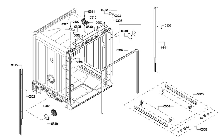 Cabinet Diagram and Parts List for SHE4AM16UC 03 Bosch Dishwasher