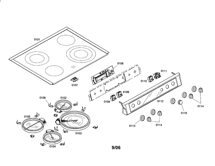 Cooktop Diagram and Parts List for HEI7152U 01 Bosch Range
