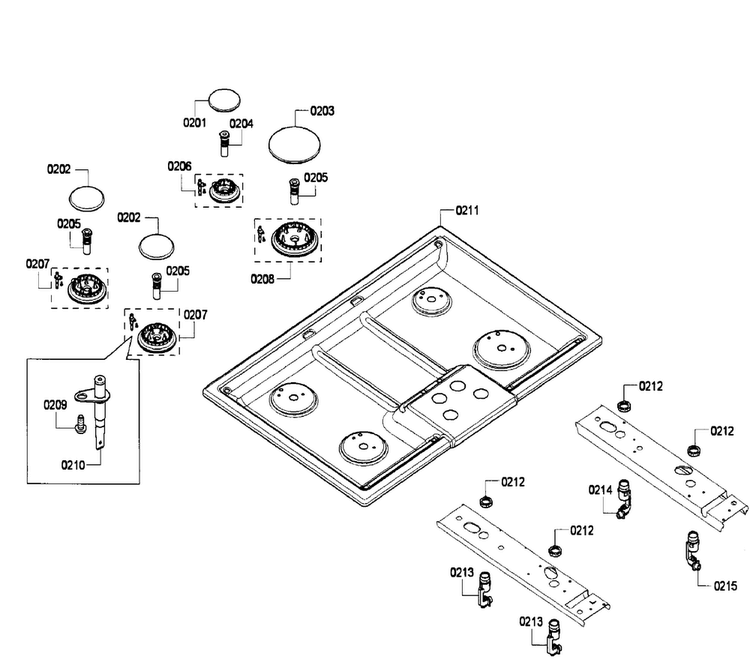 Burners Diagram and Parts List for NGM3054UC 02 Bosch Cooktop