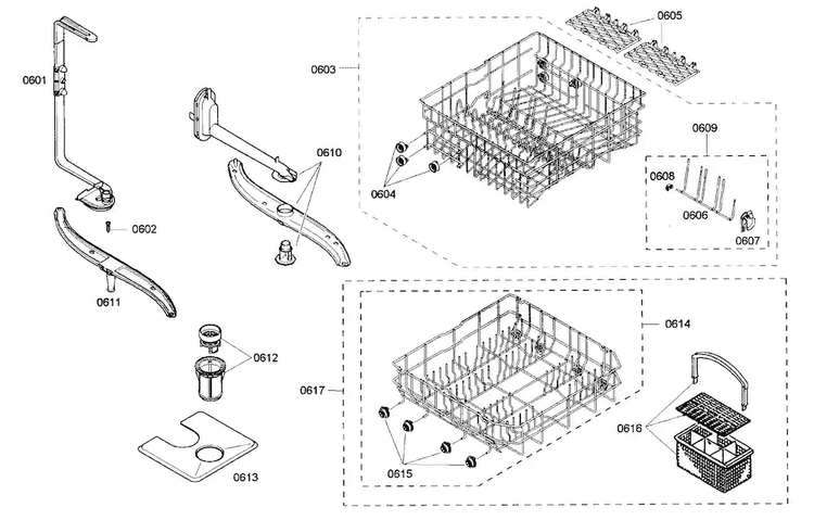 Racks Assy Diagram and Parts List for SHE43M02UC 48 Bosch Dishwasher