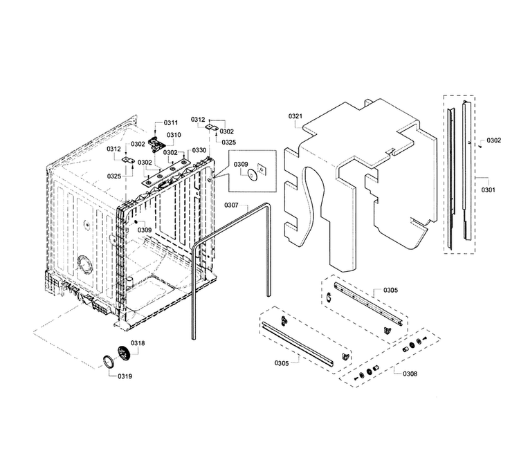 Frame & Cavity Diagram and Parts List for SHE3AR55UC 12 Bosch Dishwasher