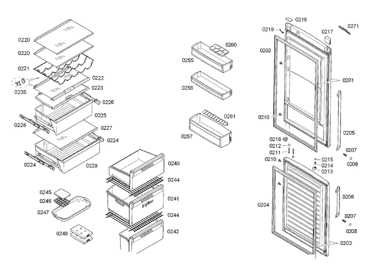 Doors/shelfs Diagram and Parts List for B11CB50SSS 01 Bosch Refrigerator