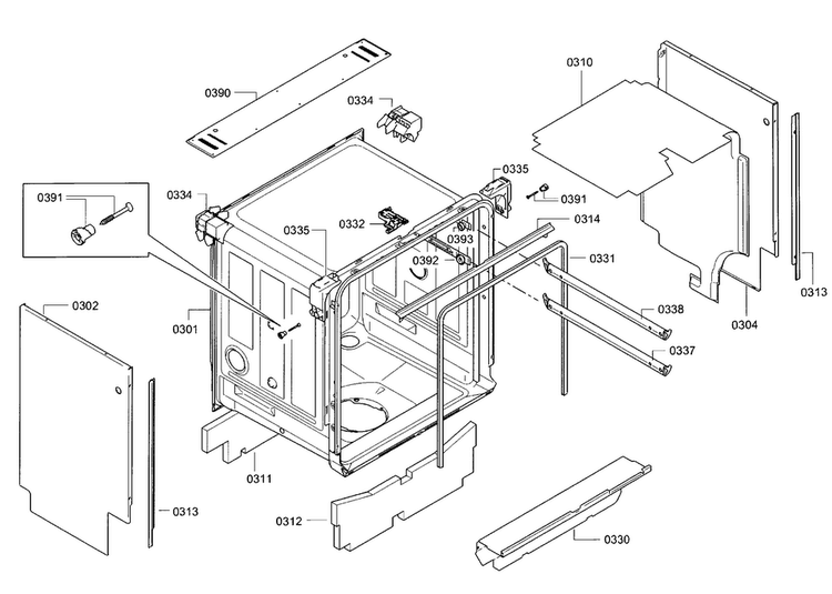 Cabinet & Frame Diagram and Parts List for SGE68U55UC A3 Bosch Dishwasher
