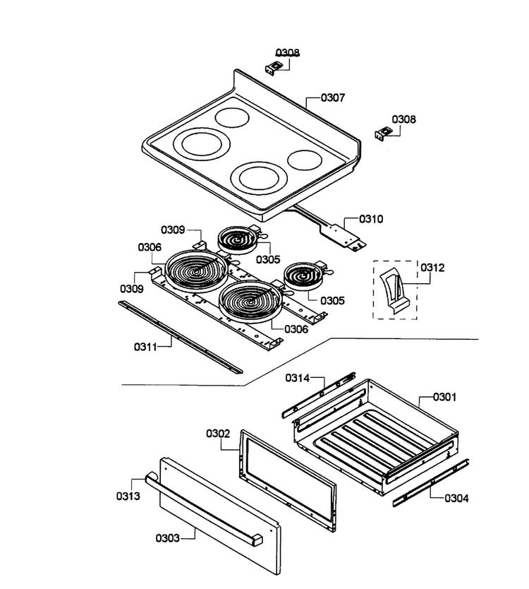 Drawer/top Assy Diagram and Parts List for HES3053U 05 Bosch Range