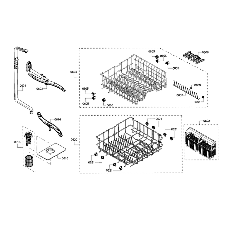 Rack Diagram and Parts List for SHE3AR55UC 18 Bosch Dishwasher