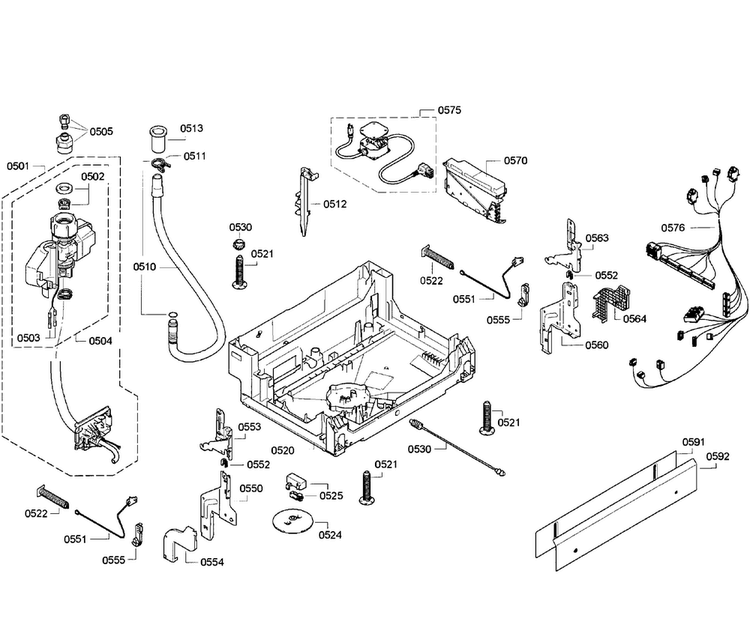 Base Assy Diagram and Parts List for SGE63E15UC 44 Bosch Dishwasher