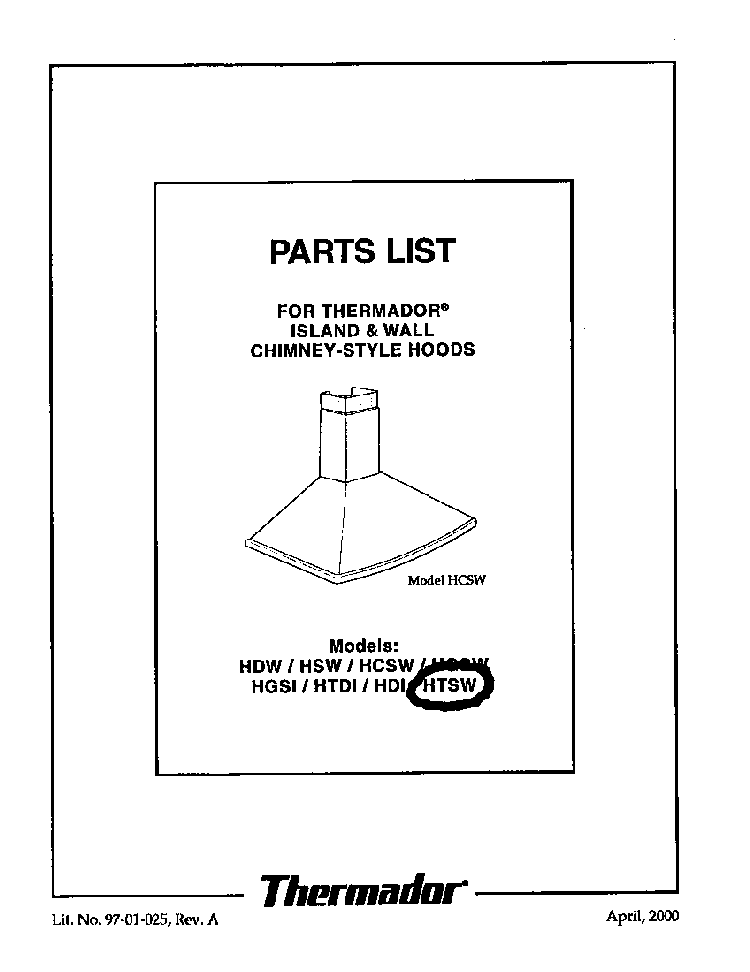 Cover Diagram and Parts List for HTSW  Thermador Range Hood