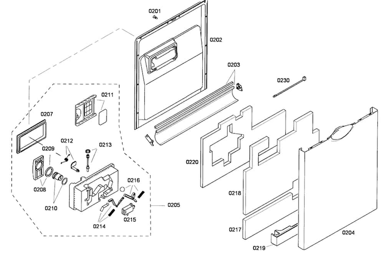 Door Assy Diagram and Parts List for SHE43F16UC 60 Bosch Dishwasher