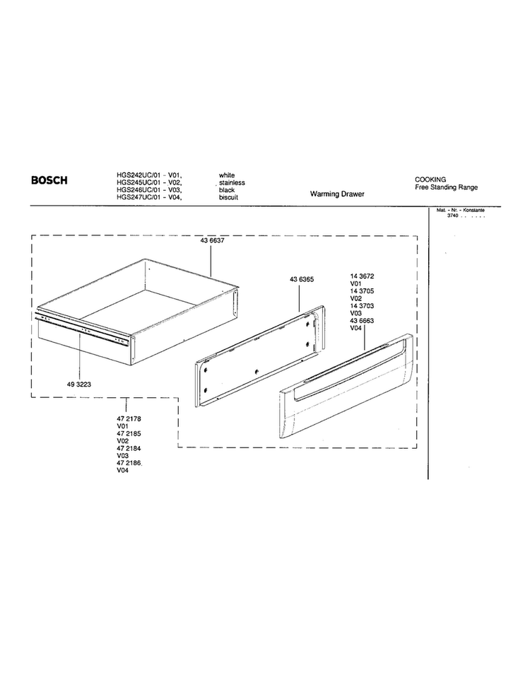 Warming Drawer Diagram and Parts List for HGS245UC 01 Bosch Range