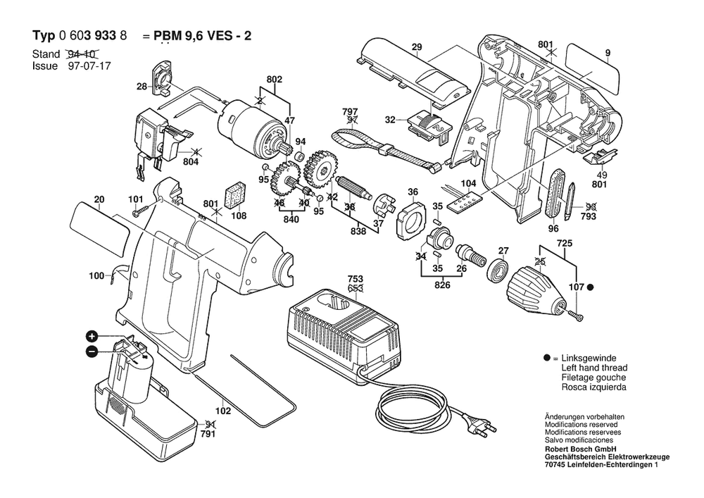 Section 1 Diagram and Parts List for 0603933827  Bosch Cordless Drill