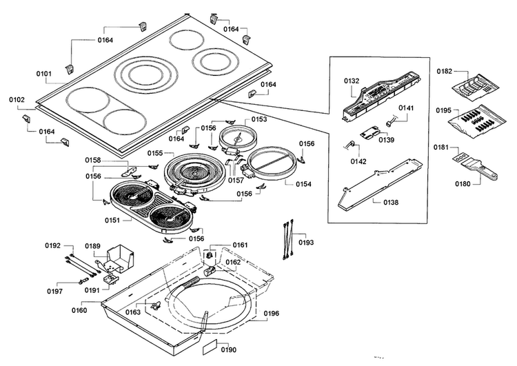 Cooktop Assy Diagram and Parts List for NET8654UC 02 Bosch Cooktop