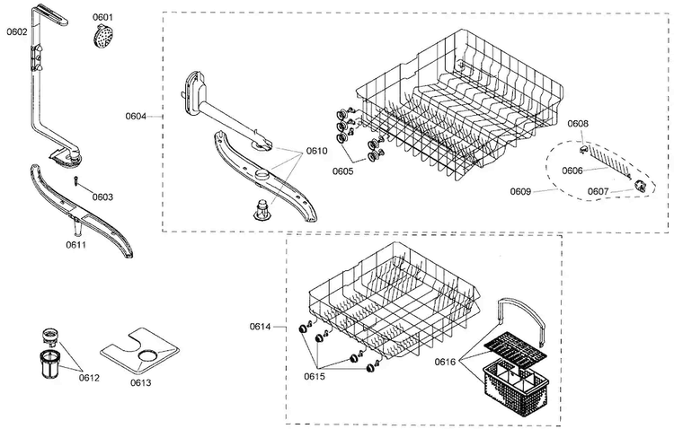 Baskets Diagram and Parts List for SHE42L12UC 38 Bosch Dishwasher