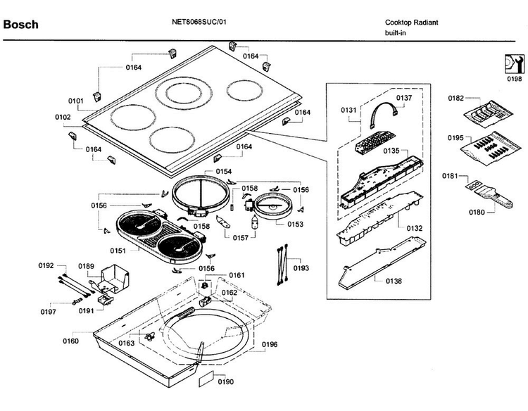 Main Asy Diagram and Parts List for NET8068SUC 01 Bosch Cooktop