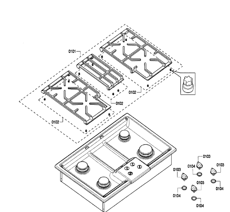 Grates Diagram and Parts List for NGM3054UC 02 Bosch Cooktop