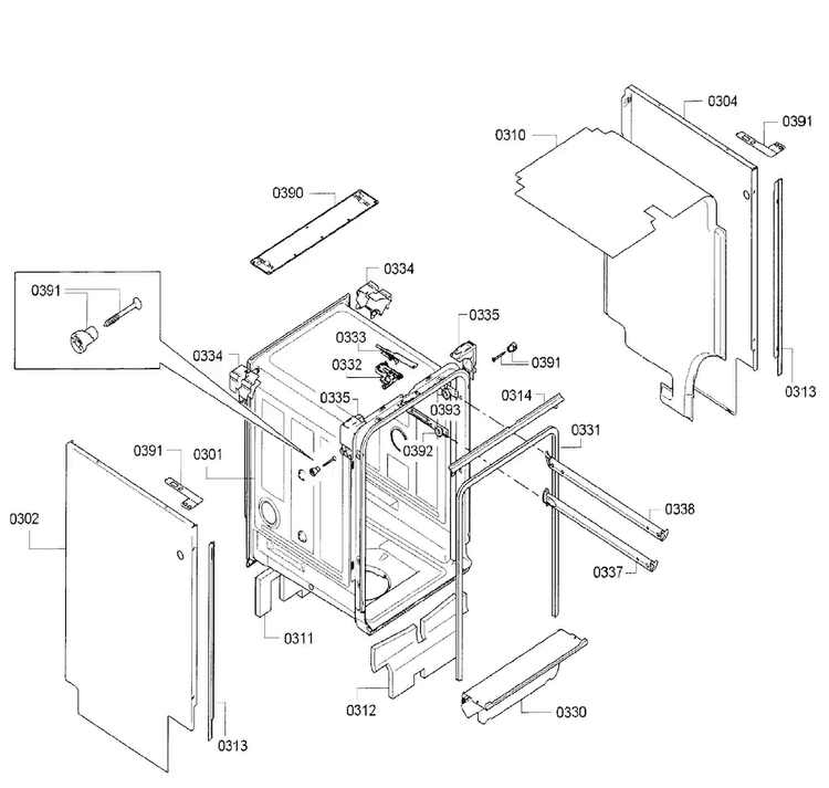 Cabinet Diagram and Parts List for SPE68U55UC 28 Bosch Dishwasher