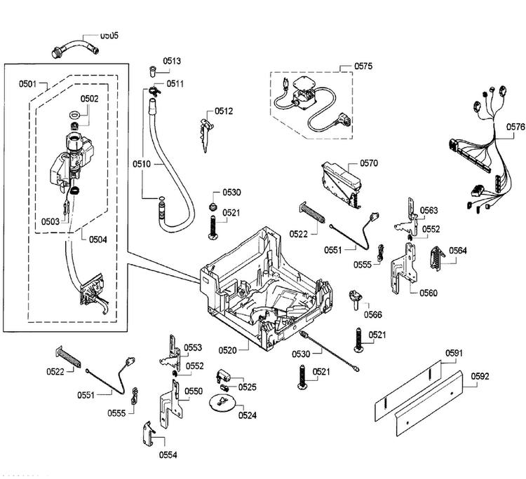 Base Diagram and Parts List for SPX5ES55UC 26 Bosch Dishwasher
