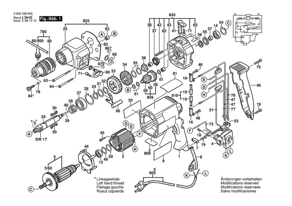 Section 1 Diagram and Parts List for CSB700-2RE 0603166645 Bosch Hammer Drill