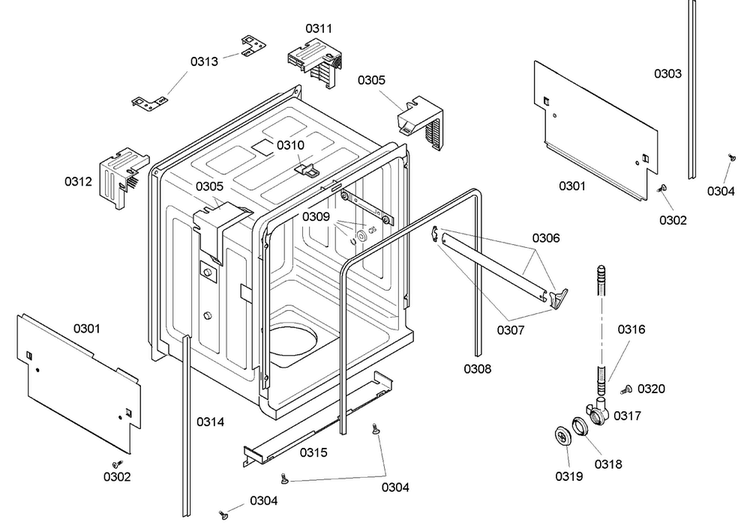 Cabinet Diagram and Parts List for SHE43C06UC 36 Bosch Dishwasher
