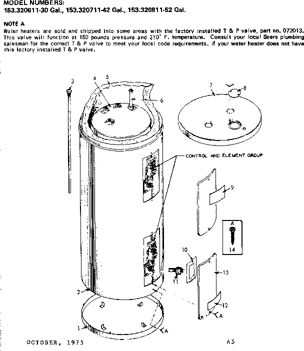 Non-functional Replacement Parts Diagram and Parts List for 153320611  Kenmore Water Heater