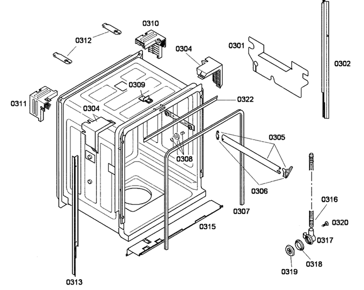 Cabinet Diagram and Parts List for SHE43F02UC 53 Bosch Dishwasher