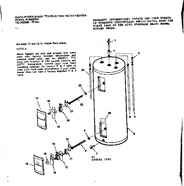 Replacement Parts Diagram and Parts List for 153316340  Kenmore Water Heater