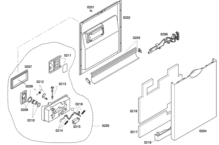 Door Assy Diagram and Parts List for SHE43F05UC 48 Bosch Dishwasher