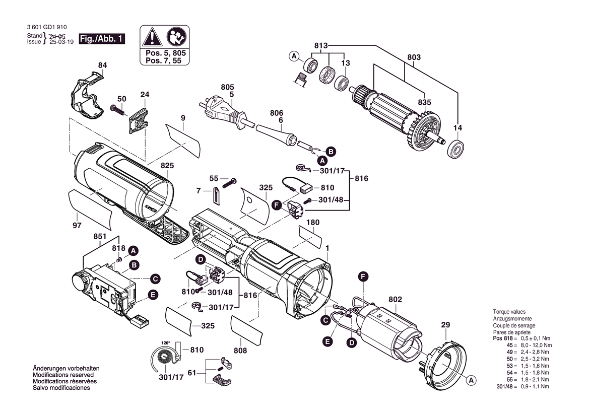 Figure 1 Diagram and Parts List for 3601GD1610 GWS14-60PD Bosch Angle Grinder