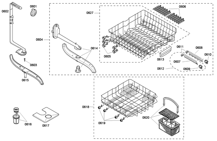 Racks Assy Diagram and Parts List for SHE45C02UC 56 Bosch Dishwasher
